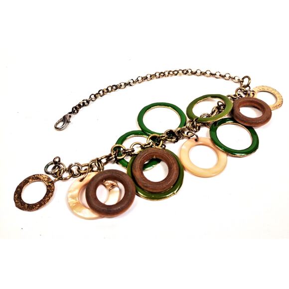 VTG Gold Tone Hammered Disc Ring Earth Tones Marble Green 7" Bracelet - Picture 4 of 7